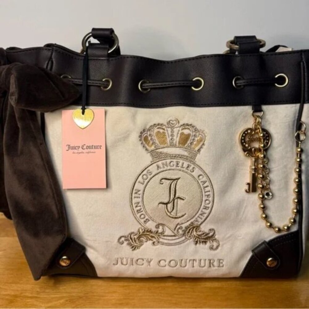 Juicy Couture Daydreamer Velour Tote Bag Brown & Cream Crown Crest NWT